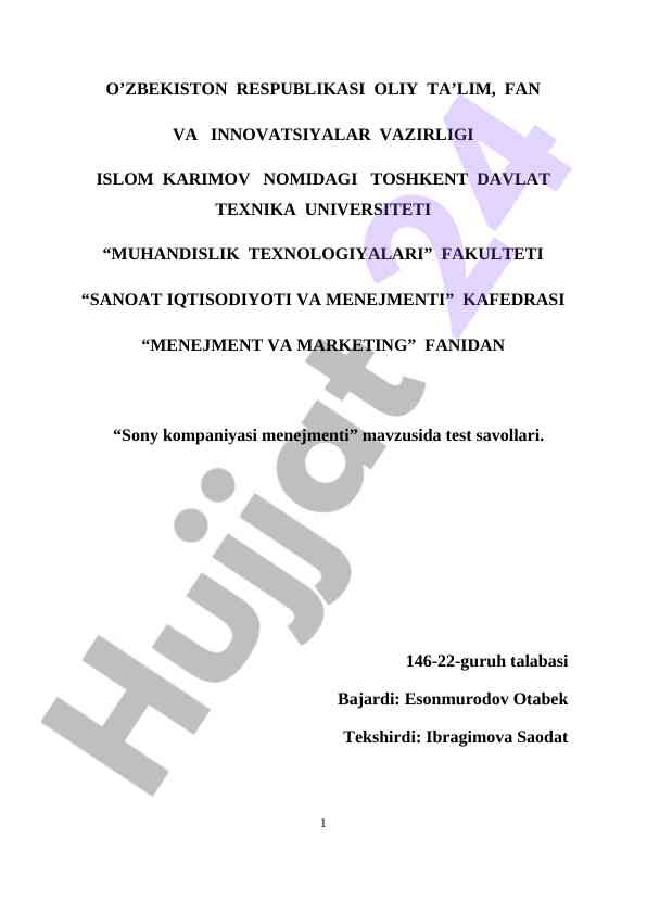 Sony kompaniyasi manejmenti mavzusida test savollari