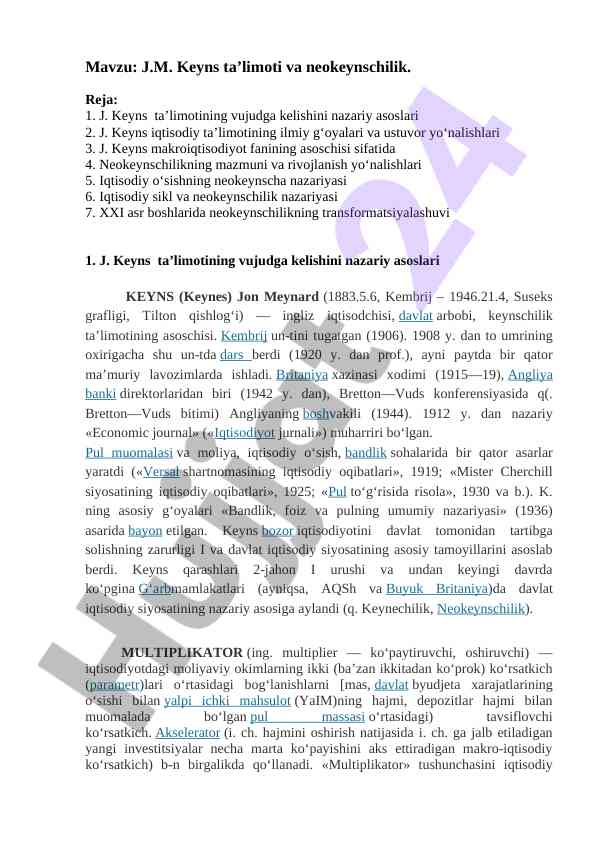 Neokeynschilik ta’limoti va iqtisodiy ta’limotlari