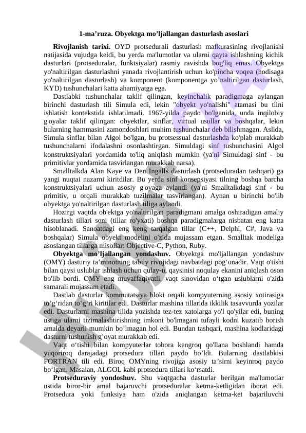 Obyektga mo’ljallangan dasturlash asoslari
