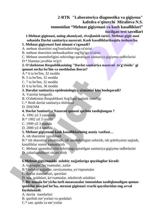 Mehnat gigiyenasi va kasb kasalliklari testlari
