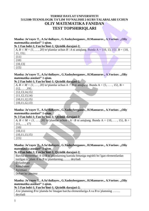 Oliy matematika fanidan test topshiriqlari