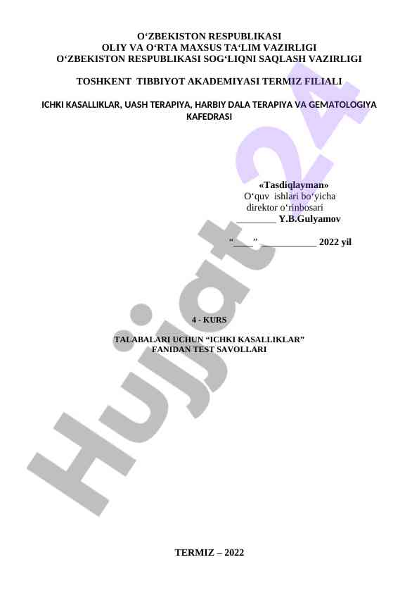 Ichki kasalliklar fanidan test savollari 2022