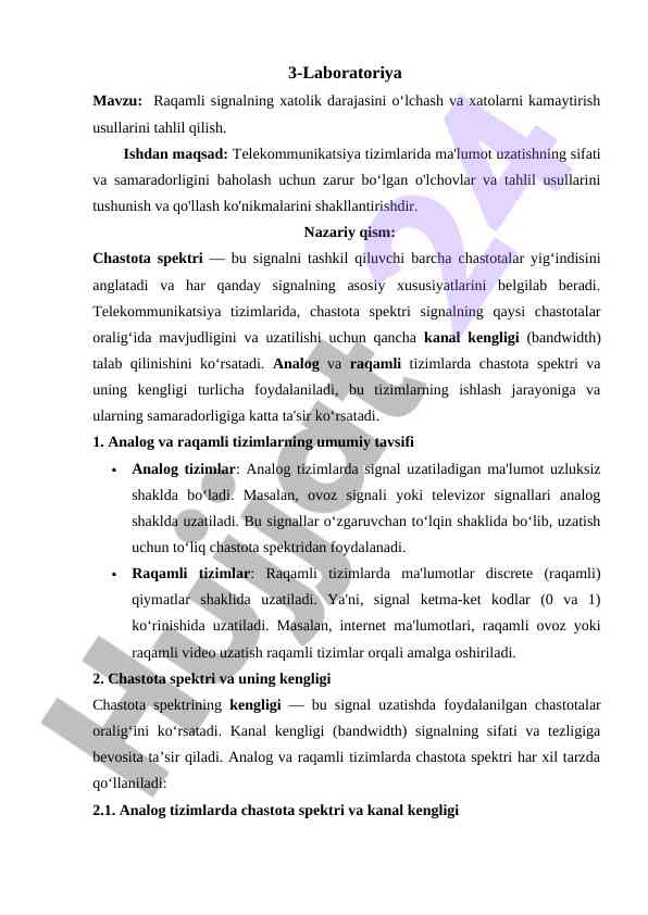 Raqamli signal xatolik darajasini o‘lchash usullari