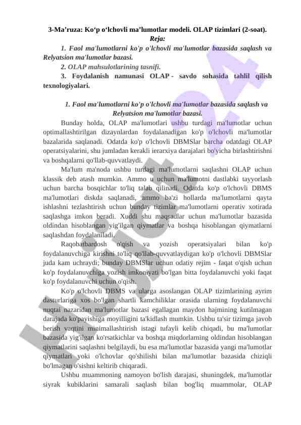 Ko‘p o‘lchovli ma’lumotlar modeli va olap tizimlari