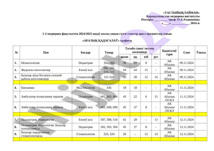 Aralyq qadagalayu grafigi 2024-2025 oquv yili