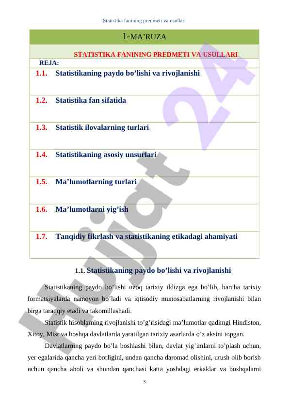 Statistika fanining mavzulari va asosiy unsurlari
