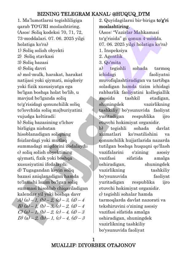 Soliq kodeksiga asoslangan test savollari