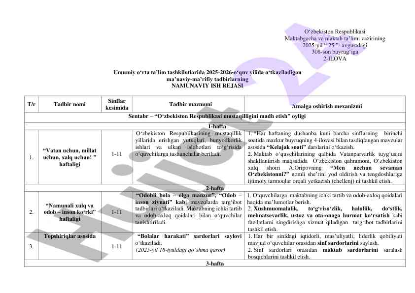 2025-2026 oʻquv yilida maʼnaviy tadbirlar rejasi
