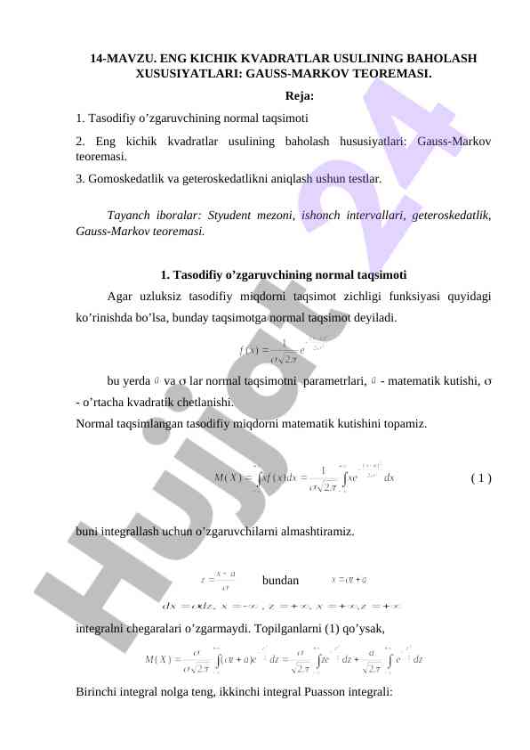 Eng kichik kvadratlar usulining baholash xususiyatlari