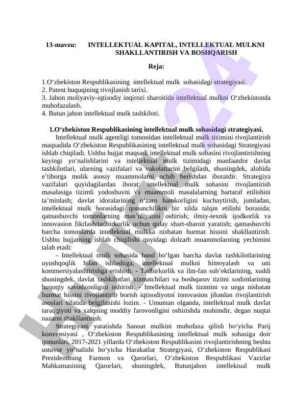 O‘zbekiston respublikasining intellektual mulk strategiyasi