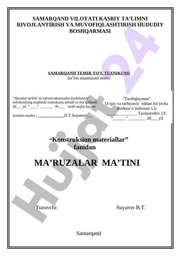 Konstruksion materiallar fanidan ma'ruzalar matni