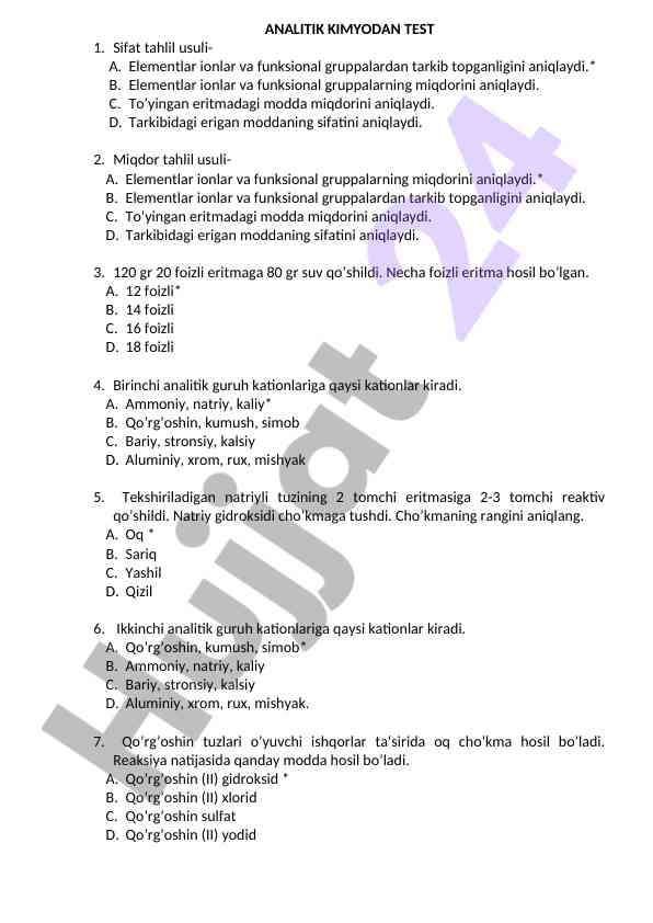 Analitik kimyodan test savollarini tahlil qilish