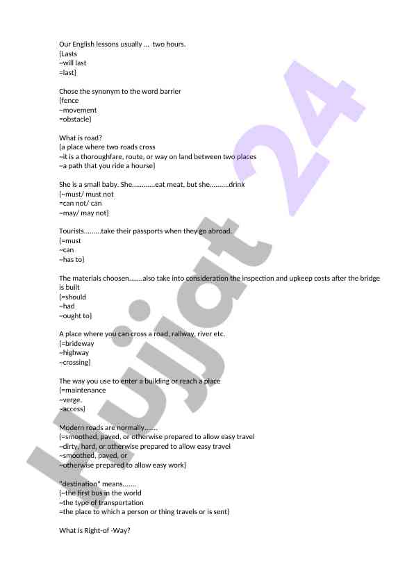Key vocabulary and structure in english road lessons
