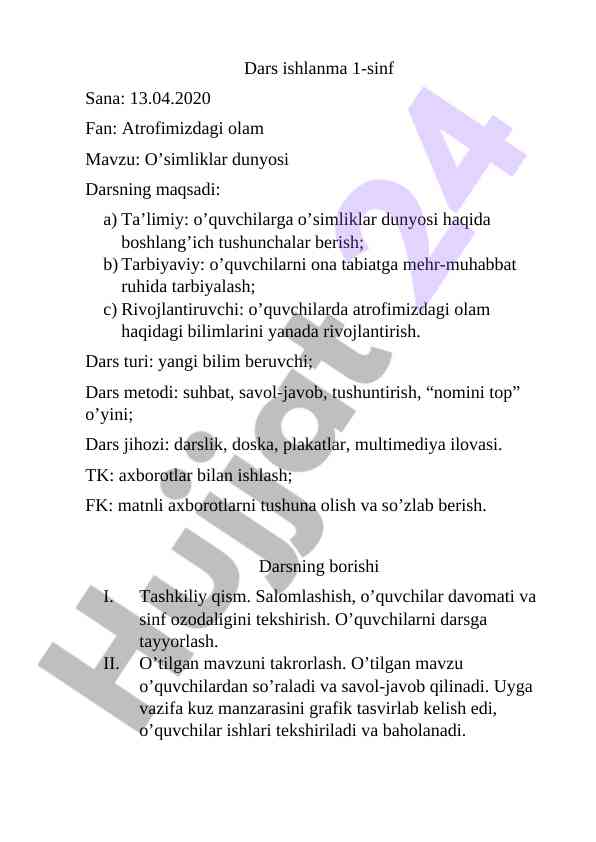 O'simliklar dunyosiga doir dars ishlanmasi