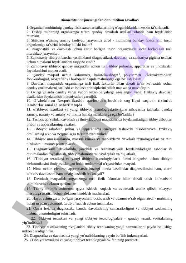 Biomeditsin injineriyasi fanidan imtihon savollari