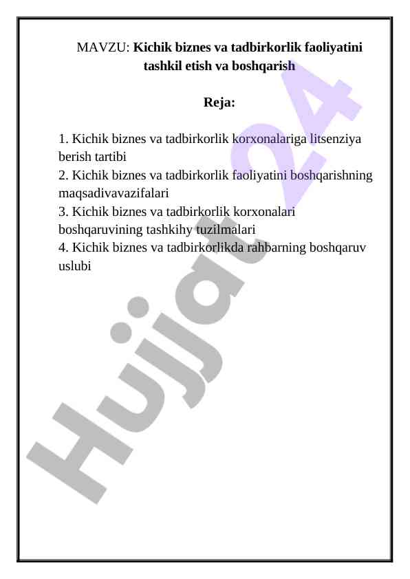 Kichik biznes va tadbirkorlik faoliyatini boshqarish