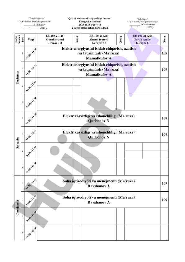 Elektr energiya ishlab chiqarish dars jadvali