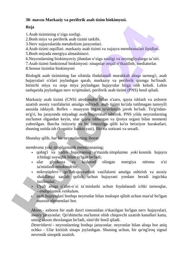 Markaziy va periferik asab tizimi biokimyosi