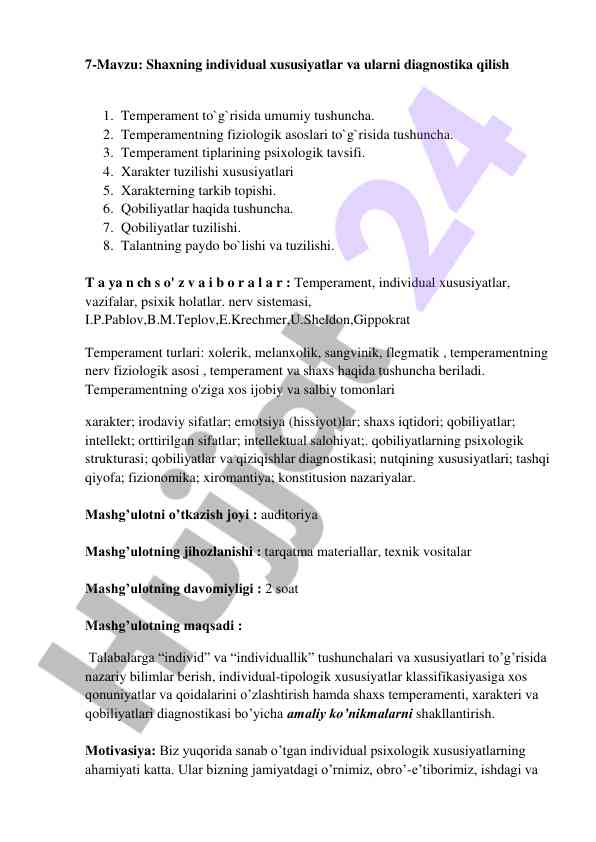 Temperament va individual xususiyatlar diagnostikasi