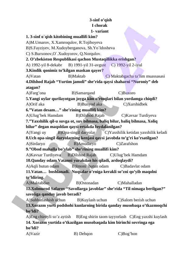 3-sinf o‘qish i chorak test varianti