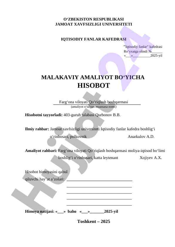 Malakaviy amaliyot bo'yicha hisobot 2025-yil