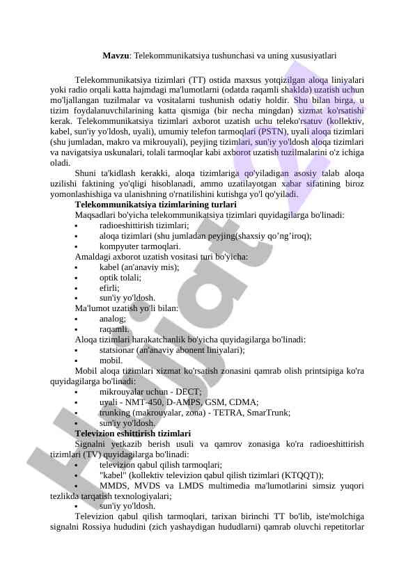 Telekommunikatsiya tizimlari va ularning xususiyatlari