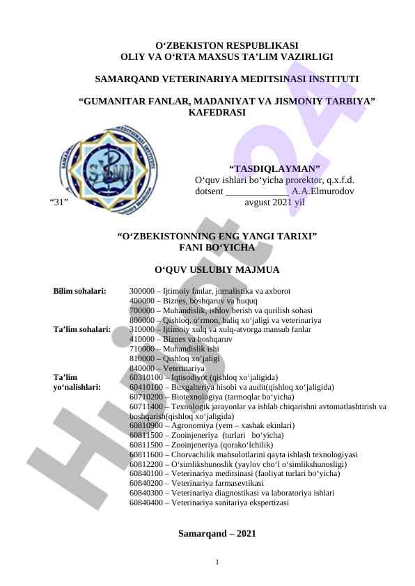 O‘zbekistonnning eng yangi tarixi uslubiy majmua