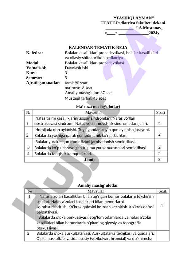 Kalendar tematik reja ma'ruzalar va mashg'ulotlar