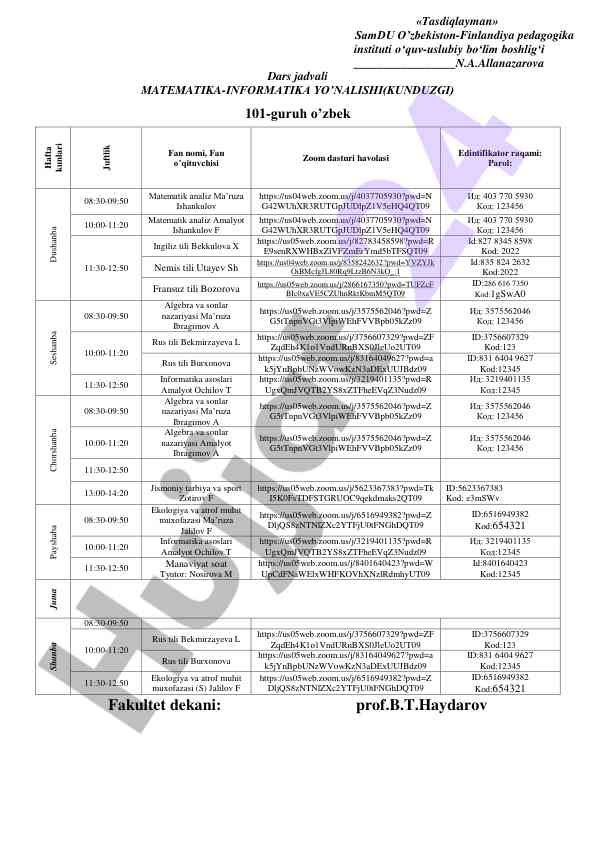 Matematika-informatika dars jadvali kunduzi 101-guruh