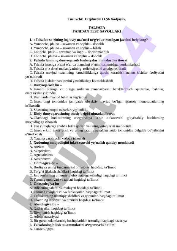 Falsafa fanidan test savollari
