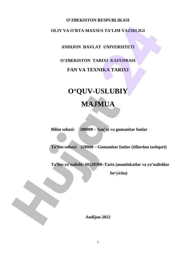 Fan va texnika tarixi o‘quv-uslubiy majmua