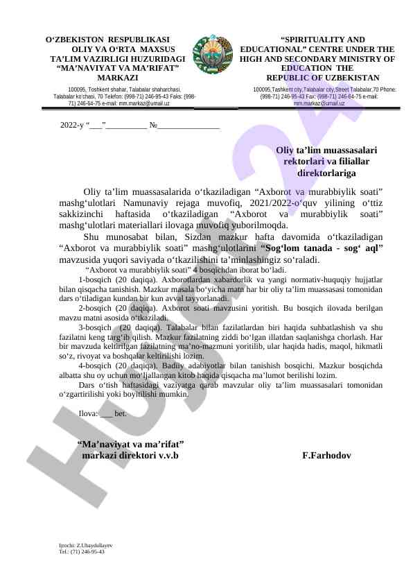 Axborot va murabbiylik soati mashg‘ulotlari rejasi