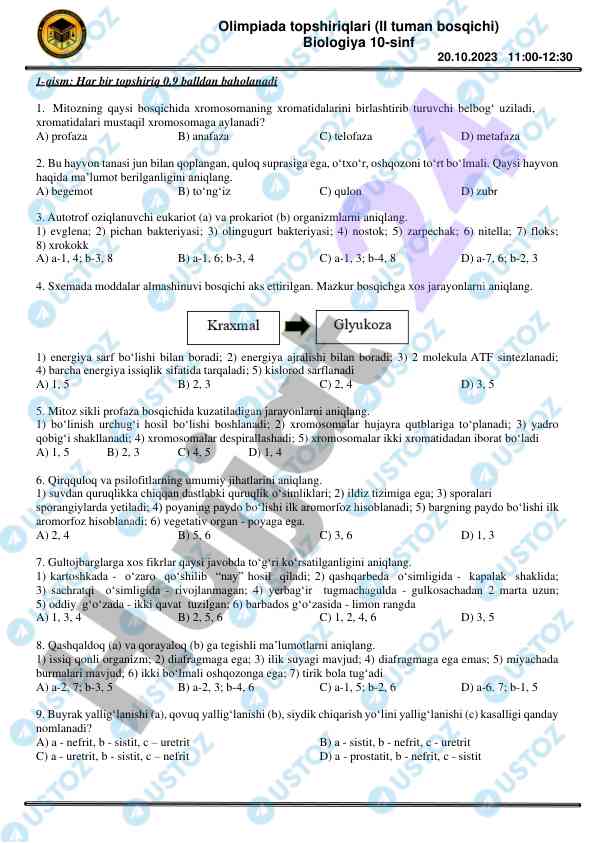 Olimpiada biologiya 10-sinf topshiriqlari