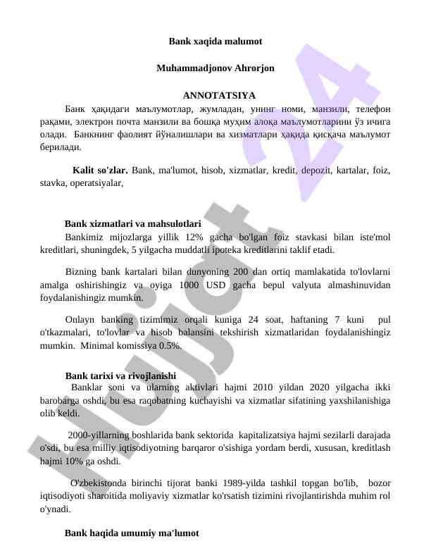 Bank xizmatlari bo'yicha ma'lumotlar