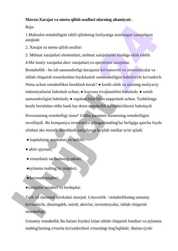 Xarajat va smeta qilish usullari ahamiyati