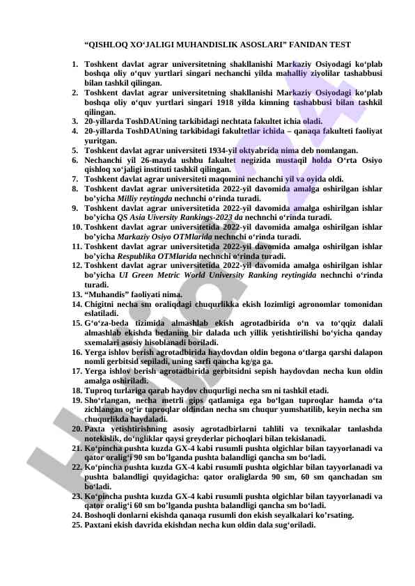 Qishloq xo‘jaligi muhandislik asoslari test