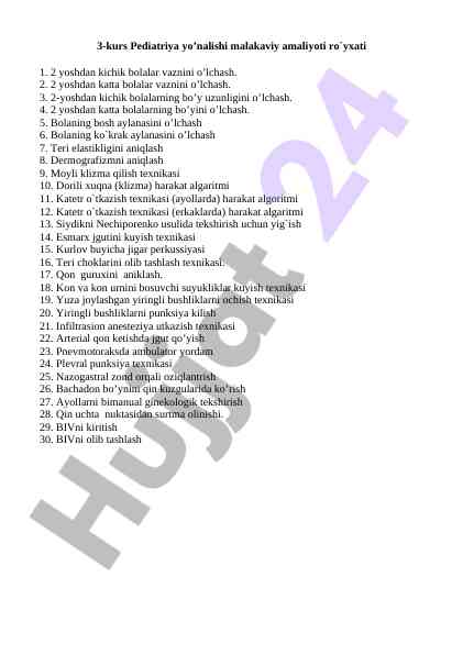 Pediatriya yo’nalishi malakaviy amaliyoti ro’yxati