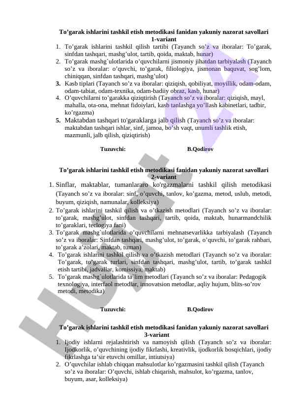 To’garak ishlarini tashkil etish metodikasi savollari
