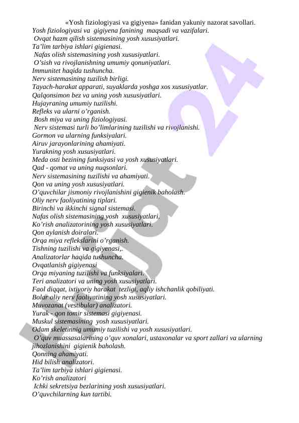 Yosh Fiziologiyasi Va Gigiyena Fanidan Nazorat Savollari
