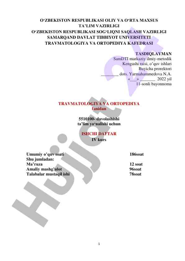 Travmatologiya va ortopediya kursiga o‘quv dasturi
