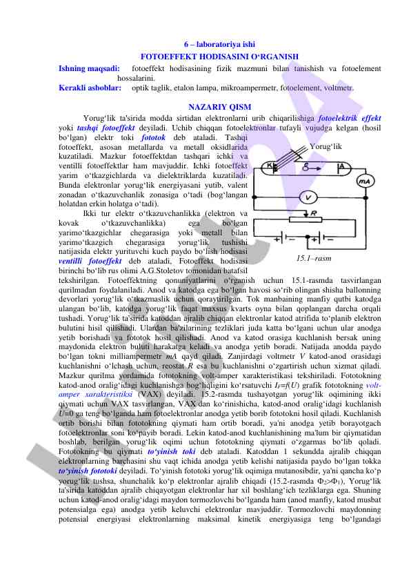 Fotoeffekt hodisasini o‘rganish laboratoriya ish