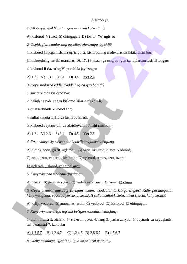Allatropiya va kimyo elementlari test savollari