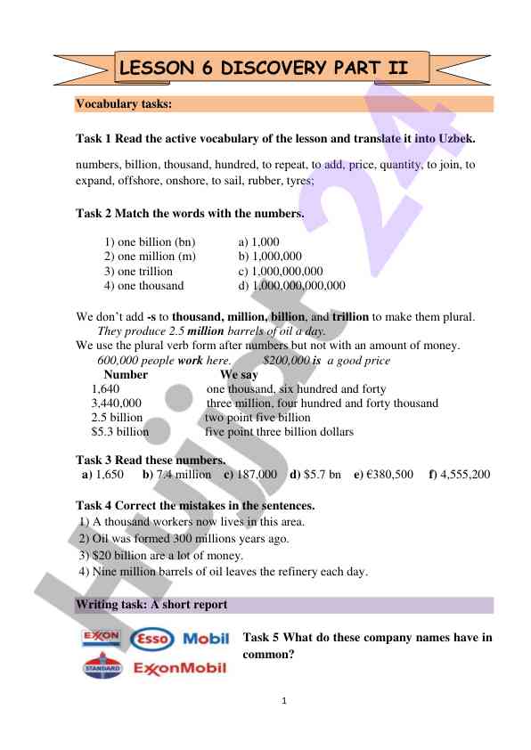 Vocabulary tasks for numbers and quantities