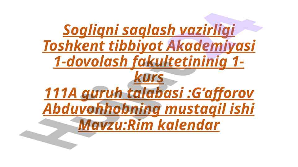 Rim kalendar mavzusi bo'yicha mustaqil ish