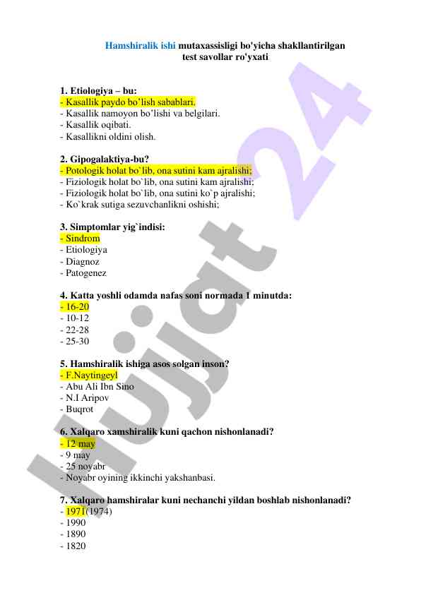 Hamshiralik ishi mutaxassisligi bo'yicha test savollari