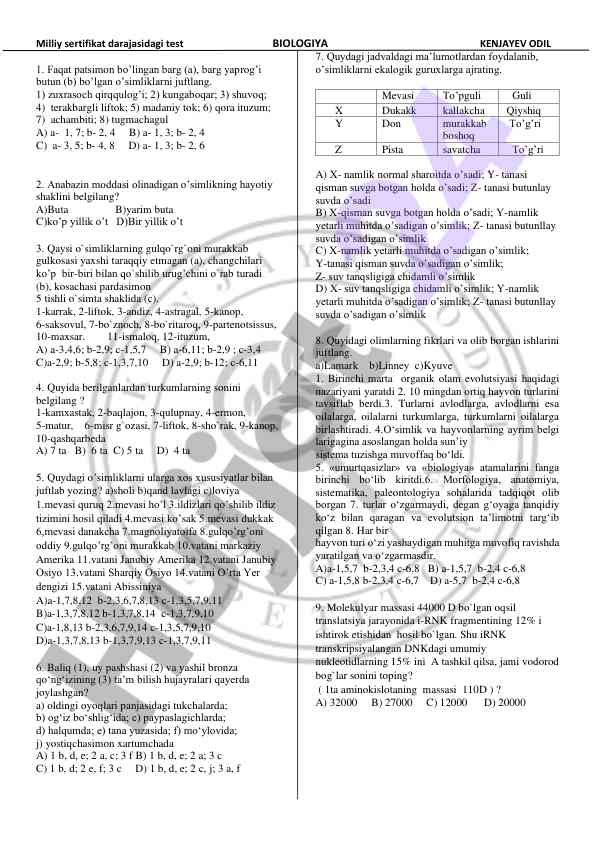 Biologiya testi: o'simliklar va ularning turlari