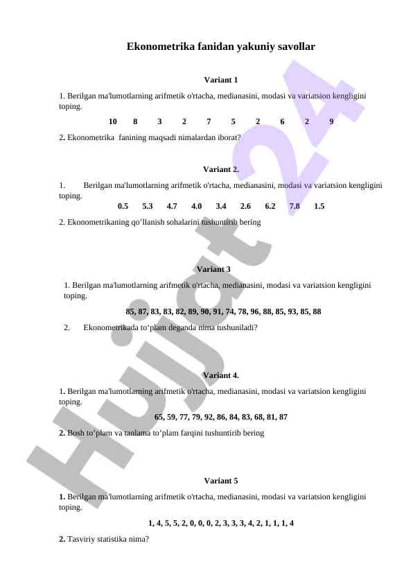 Ekonometrika fanidan yakuniy savollar