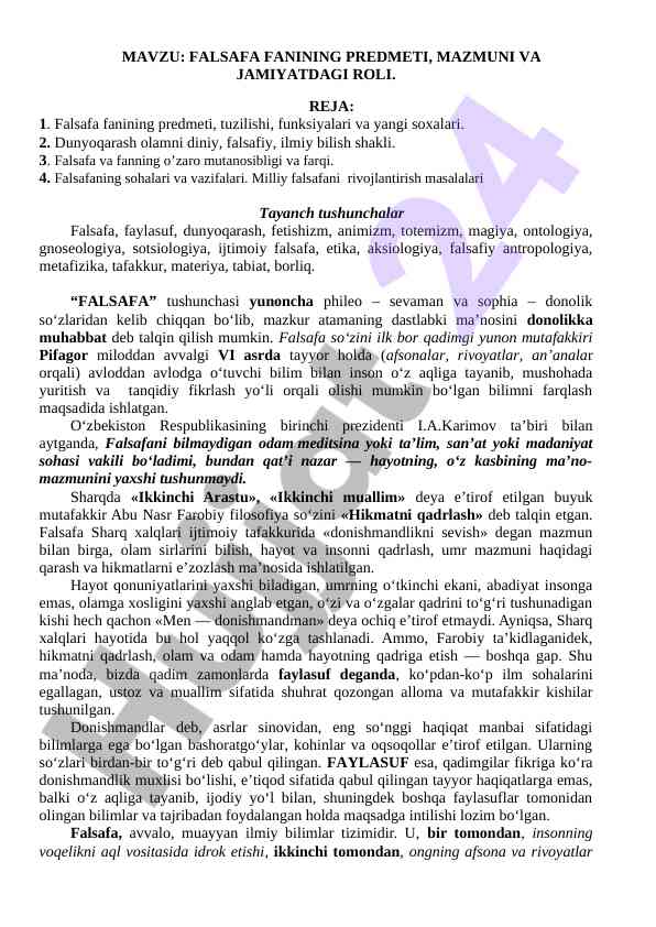 Falsafa fanining predmeti va jamiyatdagi roli