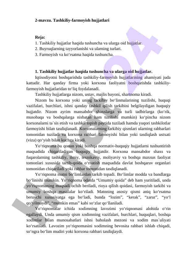 Tashkiliy-farmoyish hujjatlari tushunchasi