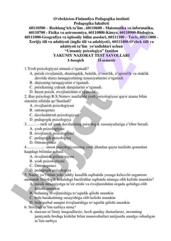 Umumiy psixologiya fanidan yakuniy nazorat test savollari